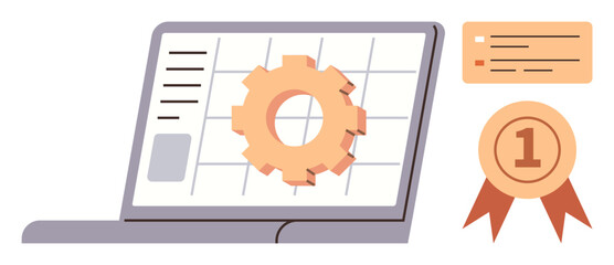 Business productivity, quality assurance, technical solutions, project management, skill certification, innovation. Laptop screen features a gear, certificate and award ribbon. Business productivity