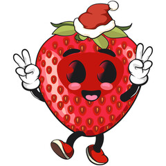 cute strawberry cartoon mascot character with peace sign wearing a santa hat and smiling vector illustration, work of hand drawn