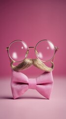 Man with fake moustache and glasses, bow tie, magenta background, drinking coffee