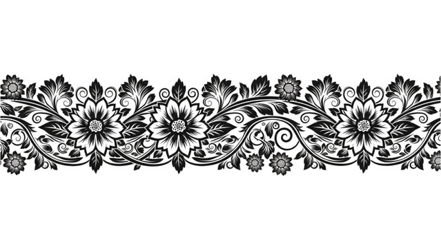 An intricate black and white floral border illustration featuring flowers, leaves, and vines in a decorative pattern