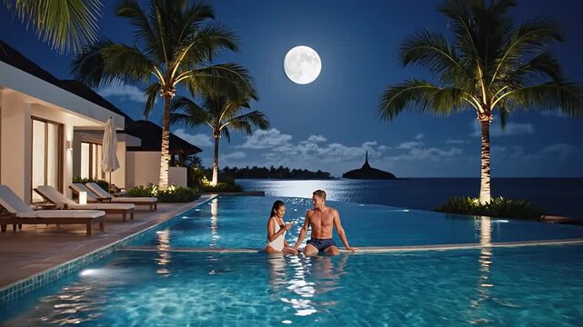 Romantic couple enjoys luxurious moonlit evening by infinity pool at exclusive tropical resort paradise