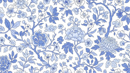 Intricate floral pattern illustration featuring blue flowers and foliage on a white background from a close-up viewpoint