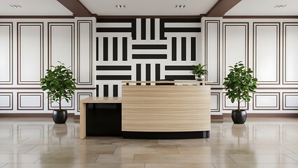 Fototapeta premium Modern minimalist reception desk with striped wall design in bright office lobby with indoor plants and natural lighting