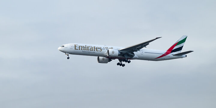 Seattle - January 3, 2026; Emirates Boeing 777-300ER passenger aircraft preparing to land