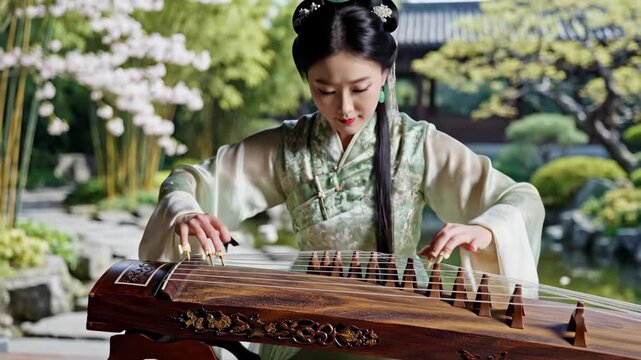 Young woman in traditional Hanfu playing the Guzheng zither outdoors. Chinese musician performing in a spring garden with blossoms. Traditional music and culture concept.