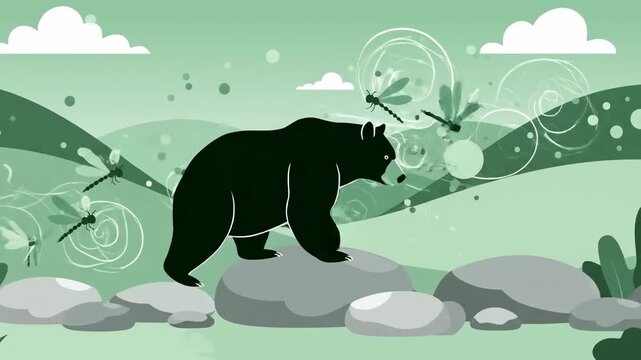 Animated Silhouette Of A Bear Walking On Rocks Through A Green Landscape With Dragonflies