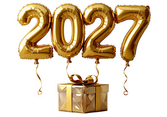 Luxury Gold 2027 Number Balloons with Present Box Transparent