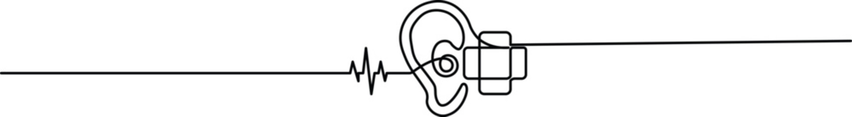 Continuous one-line drawing of a medical ear icon with a cross. Minimalist symbol for audiology and ear health. Simple black line art on a white background.