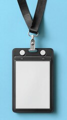 Press pass and ID card on blue backdrop with two-column layout