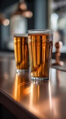 bar counter close-up with two pints copper accents smooth gradient background