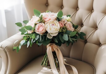 Romantic Blush Bridal Bouquet: Pink Roses, White Peonies & Eucalyptus Tied with Satin Ribbon