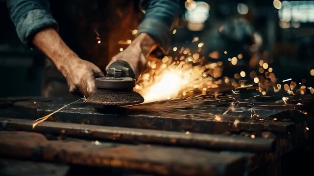 Medium shot of a worker grinding excess metal off a freshly cast part sparks flying as precision fettling cleans the surface for a smooth finish.