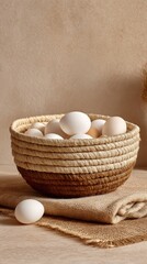 Basket with carton and egg accents on paper texture background