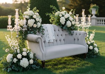 Elegant Outdoor Wedding Lounge Setup: Gray Velvet Sofa Draped in Lace with White Hydrangeas, Roses & Crystal Candelabras
