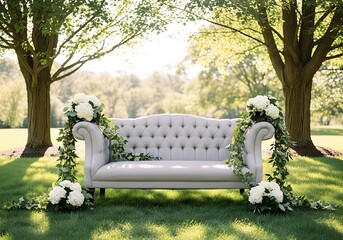 Elegant Garden Wedding Lounge: Gray Tufted Sofa Adorned with Ivy Garlands & White Hydrangeas Amid Tree Grove