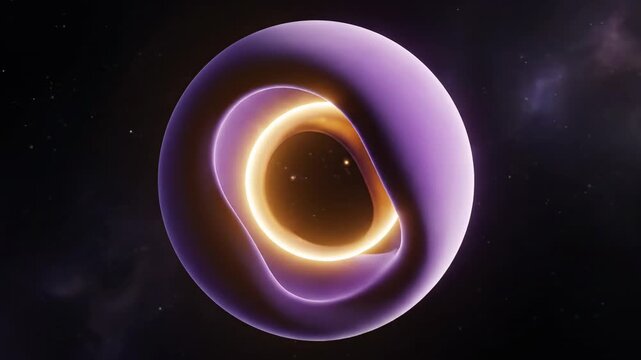 Abstract motion graphic showing a large, soft purple sphere slowly merging and enveloping a small, pulsing golden orb symbolizing protection and security pulsing, smooth, enveloping