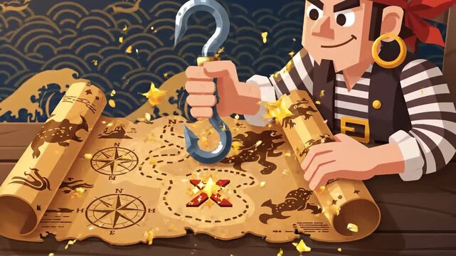 Animated Pirate Discovers Hidden Treasure on Old Map In Tropical Setting