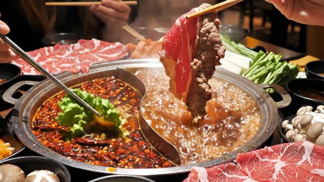 Cooking beef in a traditional chinese hot pot with spicy sichuan broth. People using chopsticks to dip fresh meat and vegetables. A communal asian dinner