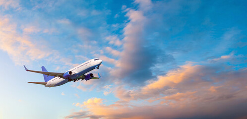 Summer vacation background with white passenger airplane flying in the colorful sunset sky, panoramic view, red eye flight concept © syntheticmessiah