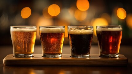 beer tasting flight with four glasses and coaster detail on circular background