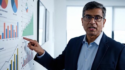 A professional businessman gives a presentation pointing at data charts in an office. An expert manager explains financial growth and market analysis to the camera for a virtual meeting - Powered by Adobe