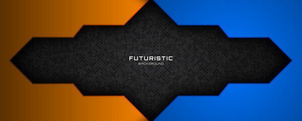 3D blue orange abstract background overlap layer on dark space with random black squares effect decoration. Modern graphic design element cutout style concept for web, flyer, card, or brochure cover
