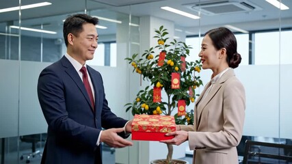 Asian businessman giving a gift to a female colleague for Chinese New Year. Professionals celebrating the holiday in a modern office. Corporate tradition and appreciation concept