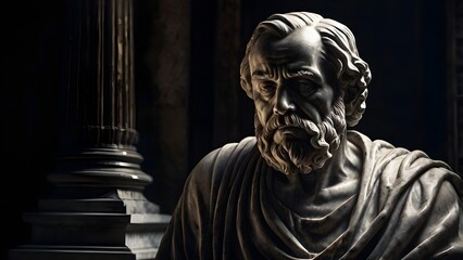 Marble sculpture of an old philosopher, emotional depth, shadows carved into stone, black and white statue