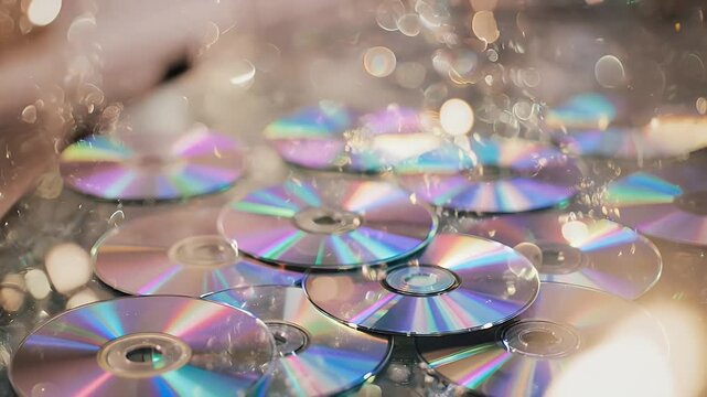 Reflective Iridescent CD Pile Abstract Background with Bokeh Lights for Creative Projects