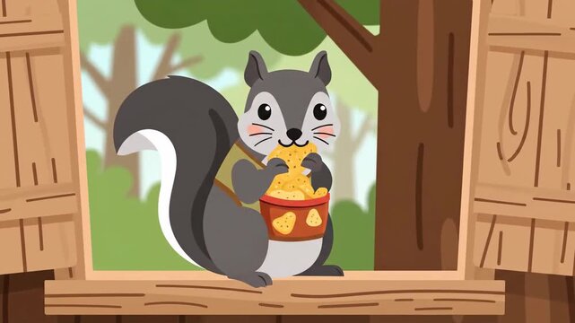 Animated Squirrel Eating Chips, Happy Animal Character Cartoon In Treehouse Scene, Forest Life