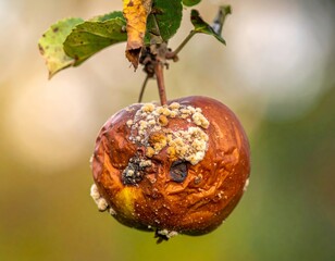 Close up view of a rotten apple on a branch showing signs of decay and fuzziness