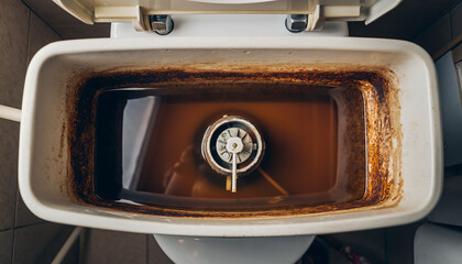 Open ceramic toilet tank showing significant rust and dirty water inside
