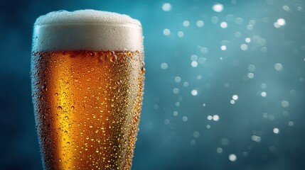 crisp lager in flute with foam and condensation on soft blurred background