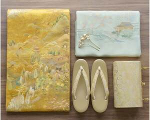 Traditional Japanese Kimono Accessories Flat Lay with Gold Pattern on Wooden Background