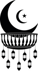 Islamic ramadan crescent moon balcony silhouette vector illustration isolated on transparent background