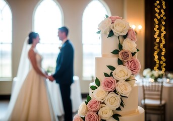 Elegant Four-Tier Wedding Cake: Blush Pink Rose Cascade, Pearl Accents & Romantic Couple Silhouette in Glowing Venue