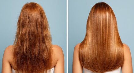 Fototapeta premium Hair Transformation: A visual comparison of damaged, frizzy hair morphing into a silky, shiny, and smooth mane.