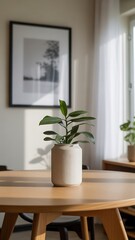 Minimalist table with white vase and single plant, clean background, diffused natural light, clean Japanese aesthetic, balanced composition, 4k photo.