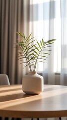 Minimalist table with white vase and single plant, clean background, diffused natural light, clean Japanese aesthetic, balanced composition, 4k photo.