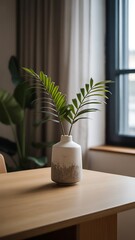 Minimalist table with white vase and single plant, clean background, diffused natural light, clean Japanese aesthetic, balanced composition, 4k photo.