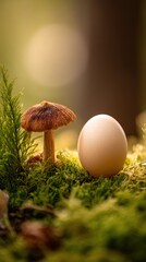 Egg and mushroom on mossy table with forest backdrop and right copy layout