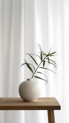 Minimalist table with white vase and single plant, clean background, diffused natural light, clean Japanese aesthetic, balanced composition, 4k photo.