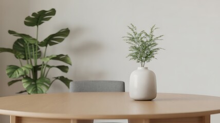 Minimalist table with white vase and single plant, clean background, diffused natural light, clean Japanese aesthetic, balanced composition, 4k photo.