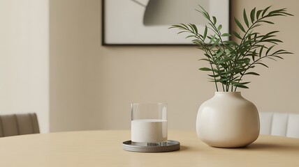 Minimalist table with white vase and single plant, clean background, diffused natural light, clean Japanese aesthetic, balanced composition, 4k photo.