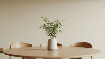 Minimalist table with white vase and single plant, clean background, diffused natural light, clean Japanese aesthetic, balanced composition, 4k photo.
