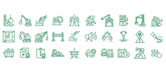Demolition and construction icon set featuring building teardown, heavy machinery and site safety gear. Includes environmental compliance and permit documentation in detailed line vector illustration.
