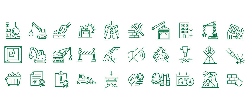 Demolition and construction icon set featuring building teardown, heavy machinery and site safety gear. Includes environmental compliance and permit documentation in detailed line vector illustration.