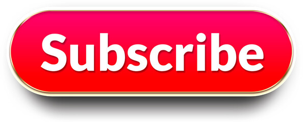 Long shiny red glassy effect “Subscribe” call to action button isolated on white background with bright glossy modern social media interface element design