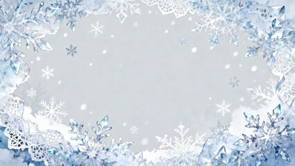 icy snowflakes creating a decorative winter frame with soft snowfall and copy space in the center. Cold seasonal background ideal for Christmas, New Year