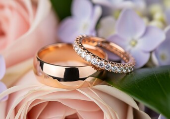Romantic Rose Gold Diamond Eternity Wedding Rings: Lavender Hydrangeas & Blush Rose Dewy Petals Backdrop